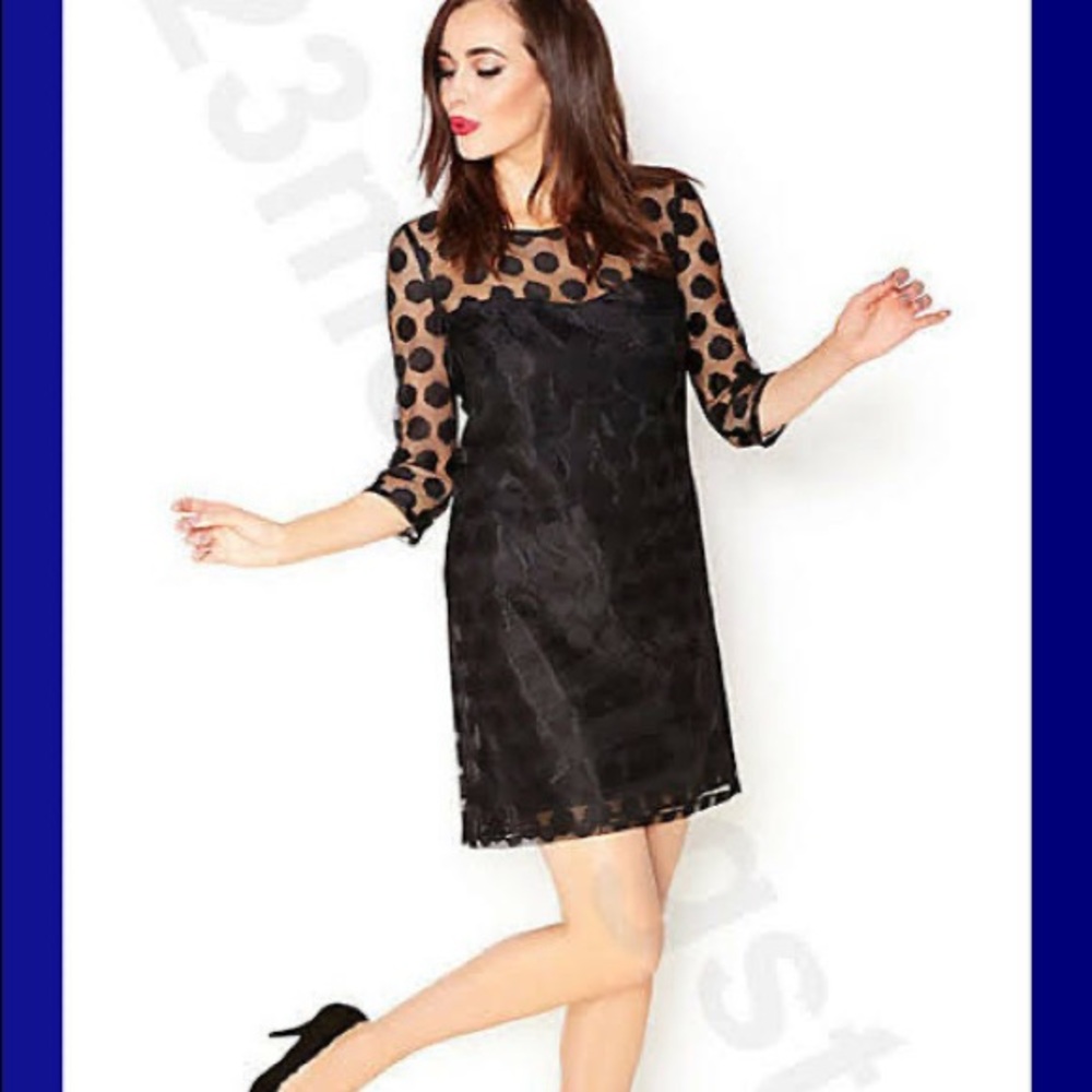 Betsey Johnson black polka dot mesh shift dress, cocktail dress.  Size 10